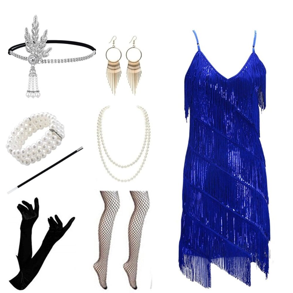8103 V Neck Slip Dress 1920s Flapper Dress Strap Fringed Party